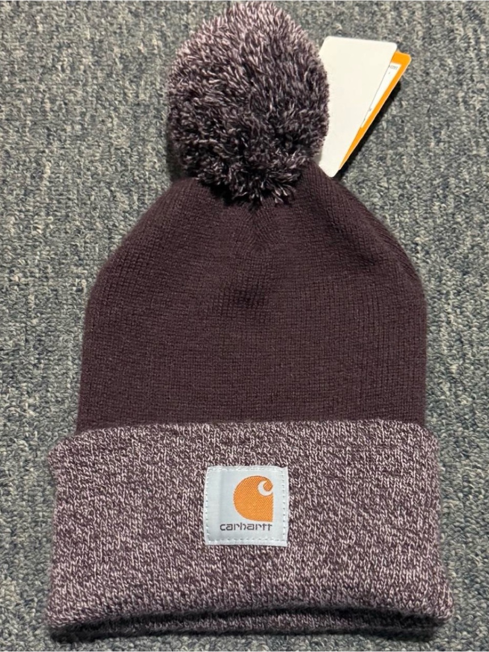 Carhartt Winter Beanie Cuff Pom Hat Maroon Purple Center Patch Logo NWT